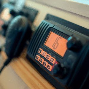 Črna radijska postaja na kateri poteka VHF GMDSS izpit.